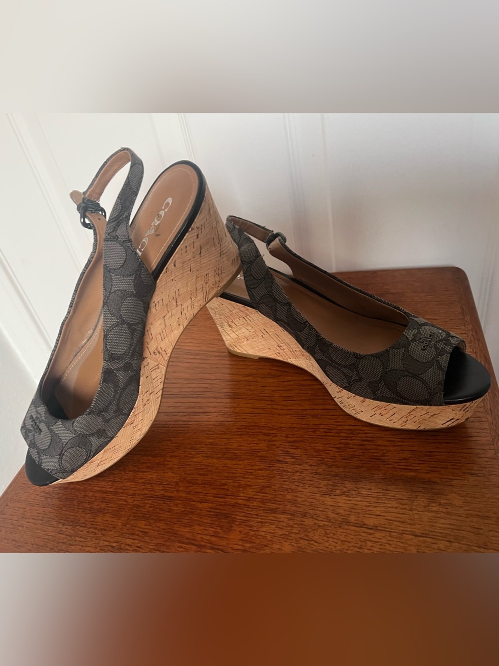 Coach Gray Signature Canvas Cork Wedge Slingbacks